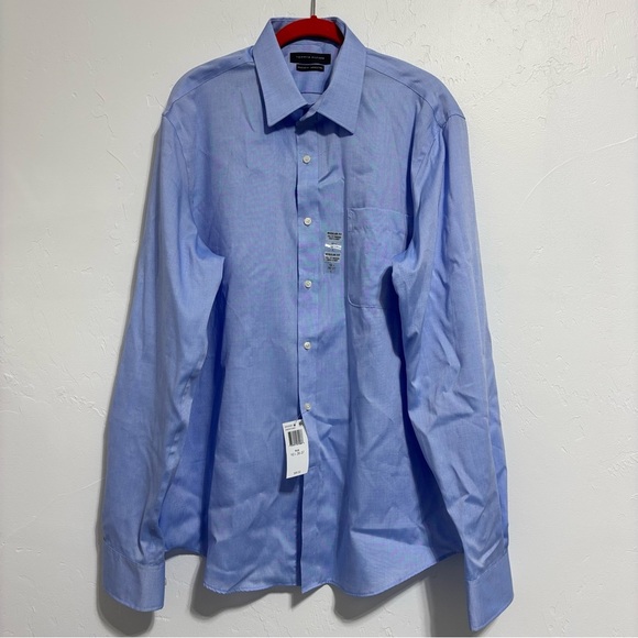 Tommy Hilfiger NWT FLAW 16 1/2 36/37 Large Men's Dress Shirt Blue Wrinkle Free - Picture 1 of 13